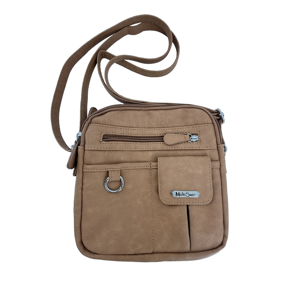 MultiSac Tan Faux Leather Crossbody Bag Organizer Multi‎ Pocket Purse